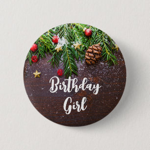 Rustic Christmas Table with Pine & Snow Birthday 6 Cm Round Badge