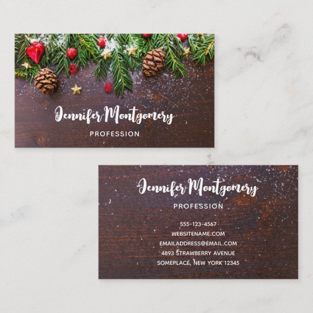 Rustic Christmas Table with Pine & Snow Business Card (Front/Back)