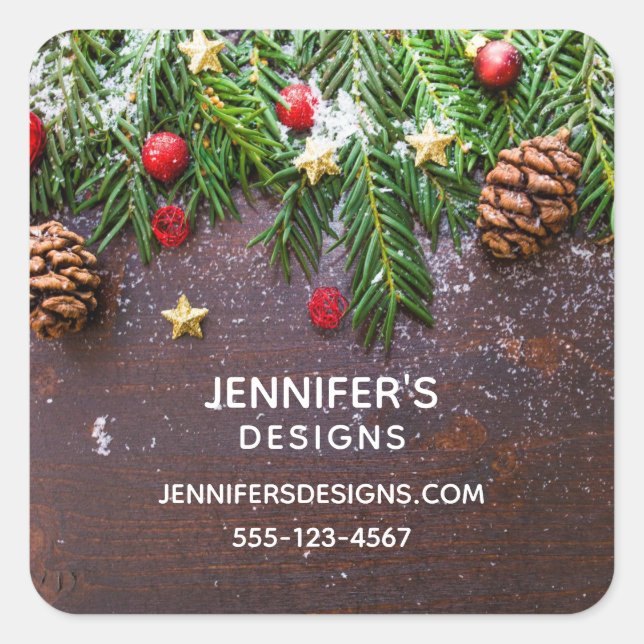 Rustic Christmas Table with Pine & Snow Business Square Sticker (Front)