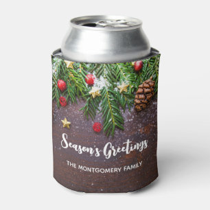Rustic Christmas Table with Pine & Snow Can Cooler