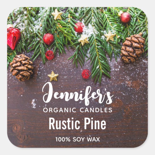 Rustic Christmas Table with Pine & Snow Candle Biz Square Sticker (Front)