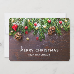 Rustic Christmas Table with Pine & Snow Holiday Card