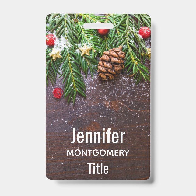 Rustic Christmas Table with Pine & Snow ID Badge (Front)
