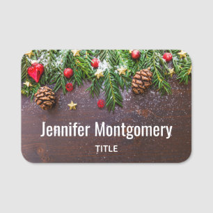 Rustic Christmas Table with Pine & Snow Name Tag