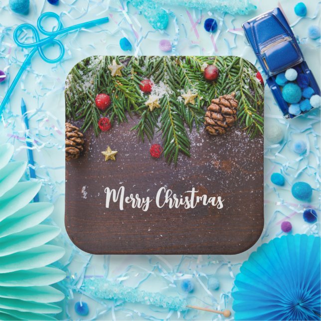 Rustic Christmas Table with Pine & Snow Paper Plate (Party)