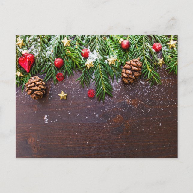 Rustic Christmas Table with Pine & Snow Postcard (Front)