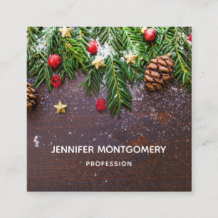 Rustic Christmas Table with Pine & Snow Square Business Card