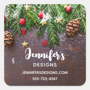 Rustic Christmas Table with Pine & Snow Square Sticker