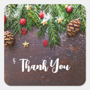 Rustic Christmas Table with Pine & Snow Thank You Square Sticker