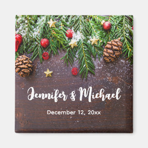Rustic Christmas Table with Pine & Snow Wedding Magnet