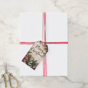 Rustic Christmas Tag with Poinsettias and Pinecone