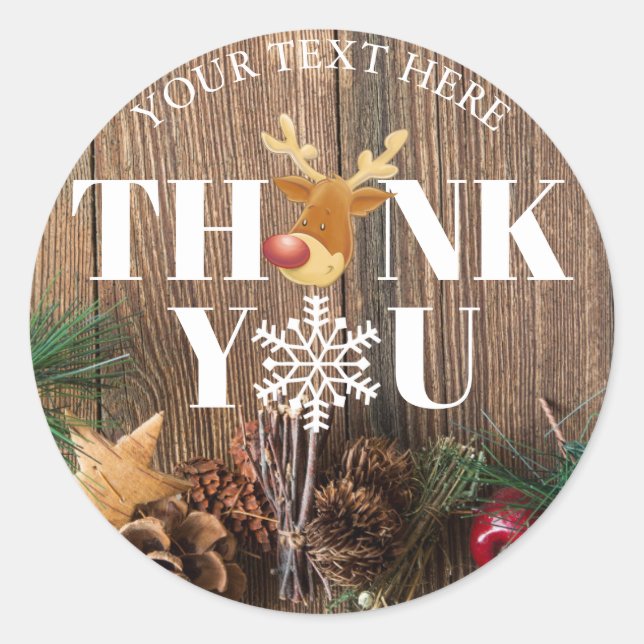 Rustic Christmas Thank You Deer and Snowflake Classic Round Sticker (Front)