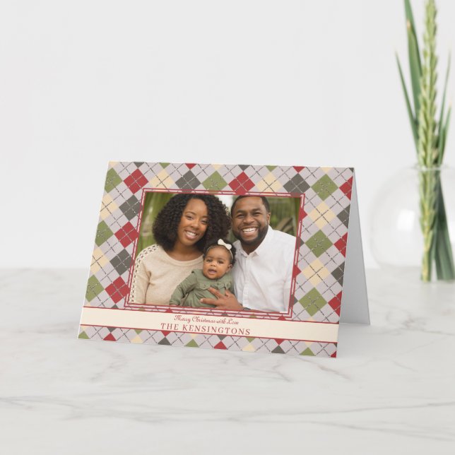 Rustic Christmas Traditional Argyle Holiday Photo Card (Front)