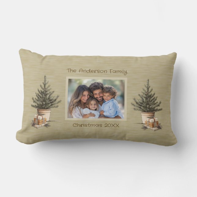Rustic Christmas Tree Gifts Family Photo    Lumbar Cushion (Front)