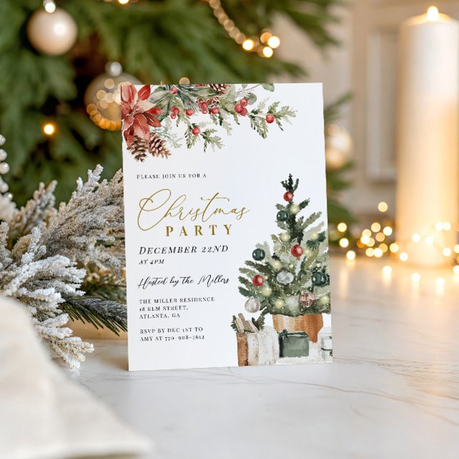 Rustic Christmas Tree Gold Christmas Party Invitation (Creator Uploaded)