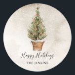 Rustic Christmas Tree Happy Holidays Classic Round Sticker<br><div class="desc">Rustic Happy Holidays Round Sticker. Featuring a watercolor Christmas tree. Cava Party Design</div>