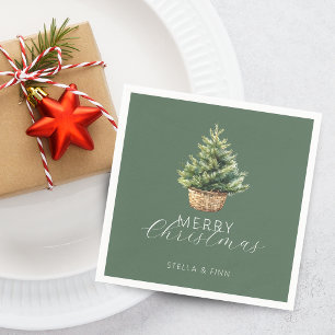 Rustic Christmas Tree In Basket Dusty Green Napkin