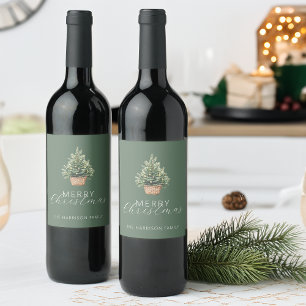 Rustic Christmas Tree In Basket Dusty Green Wine Label