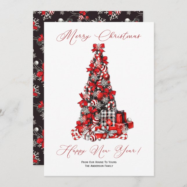 Rustic Christmas Tree in Red, Black, and White Holiday Card (Front/Back)