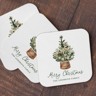 Rustic Christmas Tree Ornaments Neutral Holiday Square Paper Coaster