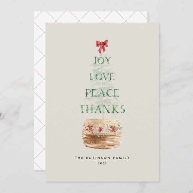 Rustic Christmas Tree Typography Green Red Holiday Card (Front/Back)