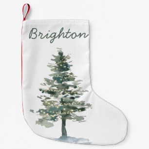 Rustic Christmas Tree with Lights and Name Small Christmas Stocking