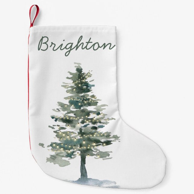 Rustic Christmas Tree with Lights and Name Small Christmas Stocking (Front)