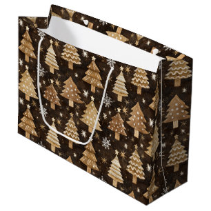 Rustic Christmas Trees, Bells and Snowflakes Large Gift Bag