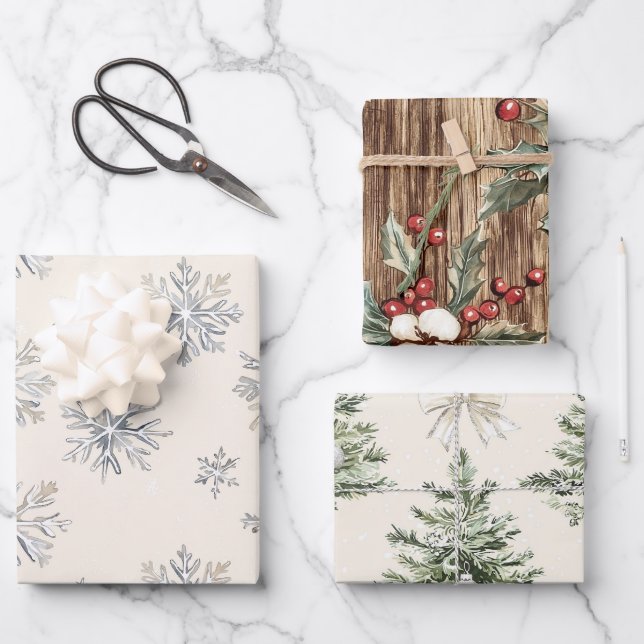 Rustic Christmas Trees Snowflakes  Wrapping Paper Sheet (Front)