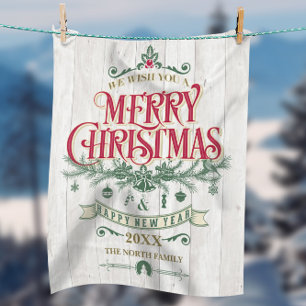 Rustic Christmas Typography Red/Green ID550 Fleece Blanket