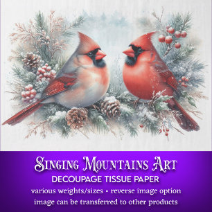 Rustic Christmas Watercolor Cardinals Decoupage Tissue Paper