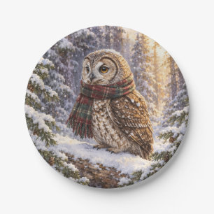 Rustic Christmas Watercolor Owl Plaid Scarf Paper Plate