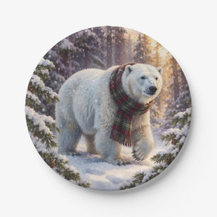 Rustic Christmas Watercolor Polar Bear Plaid Scarf Paper Plate