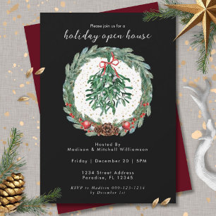 Rustic Christmas Watercolor Wreath Mistletoe Invitation
