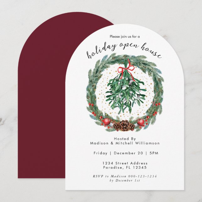 Rustic Christmas Watercolor Wreath Mistletoe  Invitation (Front/Back)