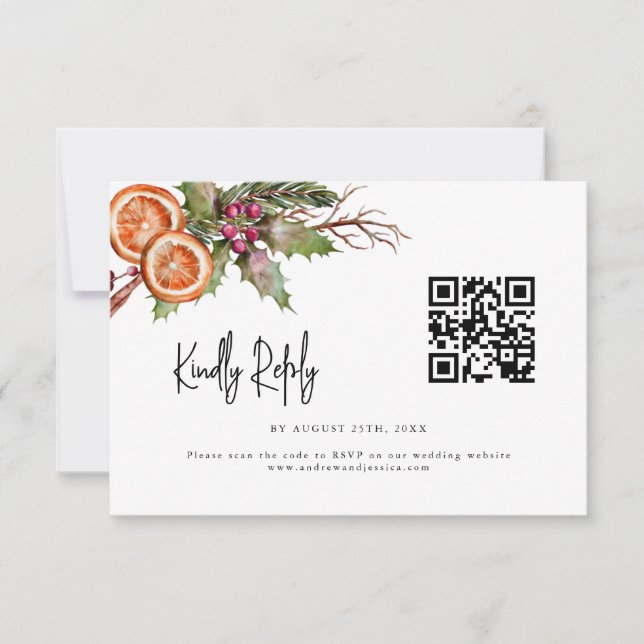 Rustic Christmas Wedding QR Code RSVP Card (Front)