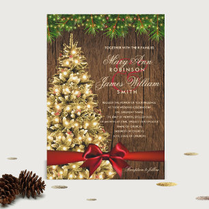 Rustic Christmas Wedding Tree, Lights & Red Ribbon Invitation