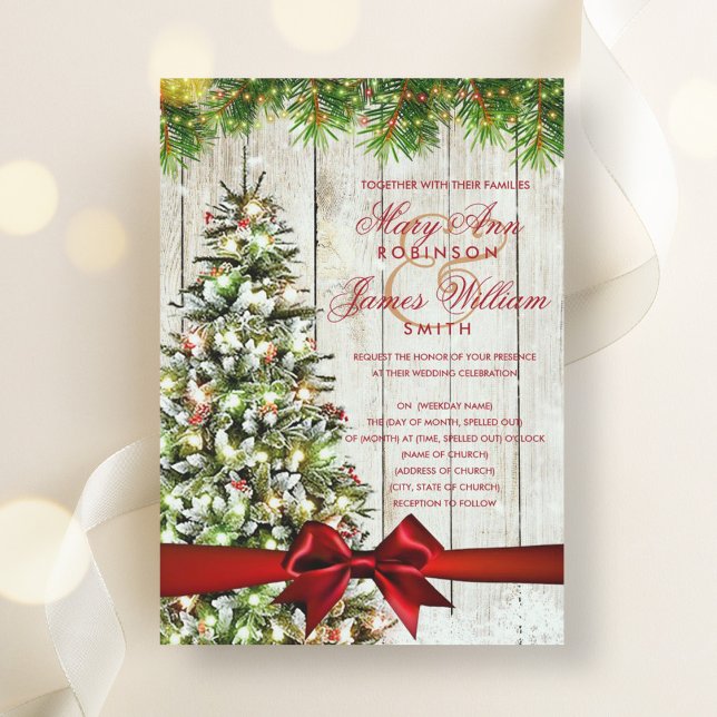 Rustic Christmas Wedding Tree, Lights & Red Ribbon Invitation (Rustic Christmas Wedding Tree, Lights & Red Ribbon Invitation)