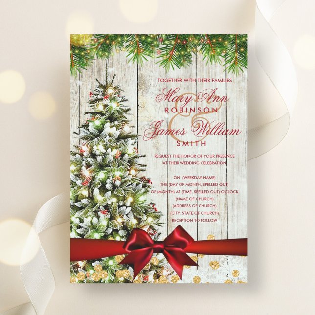 Rustic Christmas Wedding Tree Ribbon Gold Glitter Invitation (Rustic Christmas Wedding Tree Ribbon Gold Glitter Invitation)