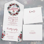 Rustic Christmas winter floral wreath wedding RSVP All In One Invitation<br><div class="desc">Red burgundy and white winter floral botanical wreath with dark green fir branches and seasonal foliage making a charming rustic budget affordable seal and send wedding invitation template with RSVP card included.               The invitation is ideal for winter floral rustic Christmas theme traditional style weddings.</div>