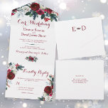 Rustic Christmas winter red floral wedding RSVP All In One Invitation<br><div class="desc">Red burgundy and white winter floral bouquet with dark green fir branches and seasonal foliage making a charming rustic budget affordable seal and send wedding invitation template with RSVP card included.               The invitation is ideal for winter floral rustic Christmas theme traditional style weddings.</div>