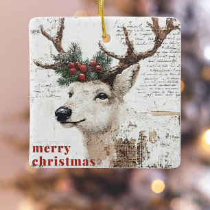 Rustic Christmas Winter Reindeer Photo Ceramic Ornament