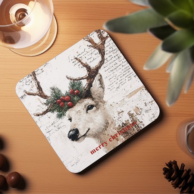 Rustic Christmas Winter Reindeer Square Paper Coaster (Creator Uploaded)