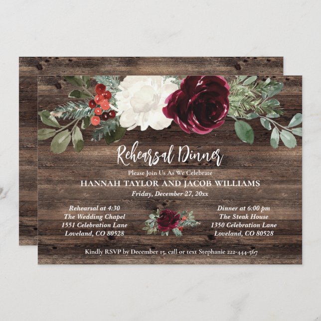 Rustic Christmas Winter Wedding Rehearsal Dinner Invitation (Front/Back)