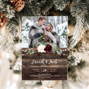 Rustic Christmas Wood String Lights Photo Wedding Invitation