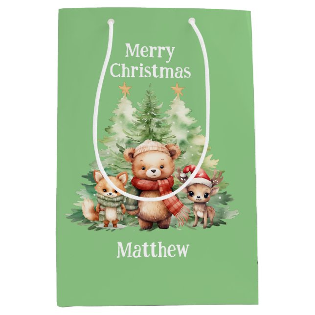 RUSTIC CHRISTMAS WOODLAND ANIMALS PERSONALIZE MEDIUM GIFT BAG (Front)