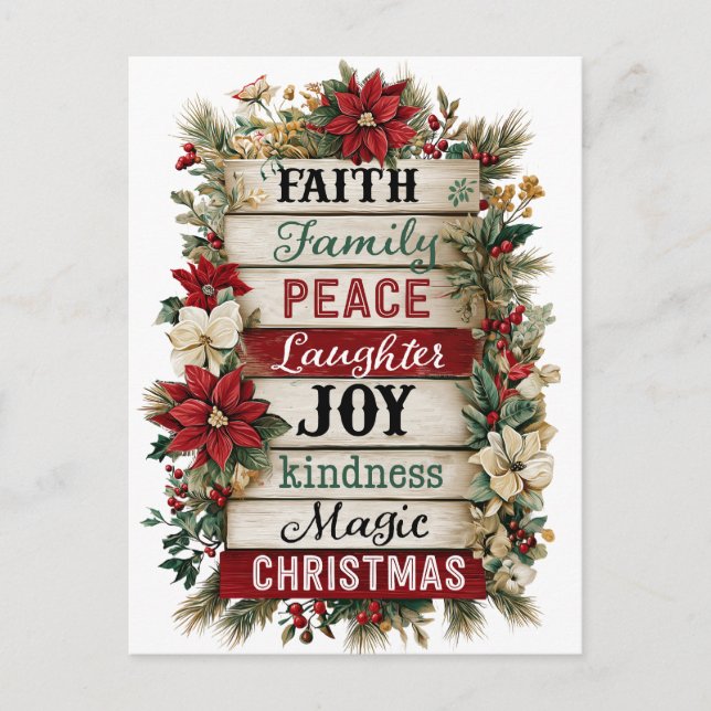 Rustic Christmas Word Art – Family, Laughter  Postcard (Front)