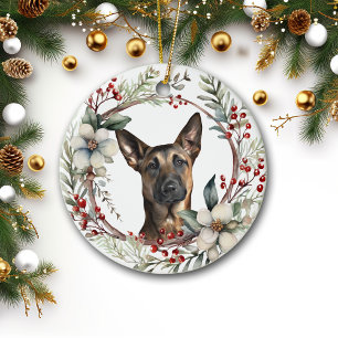 Rustic Christmas Wreath Belgian Malinois Dog Ceramic Tree Decoration
