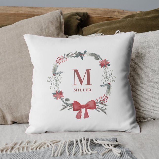 Rustic Christmas Wreath Family Name Monogram Cushion (Creator Uploaded)