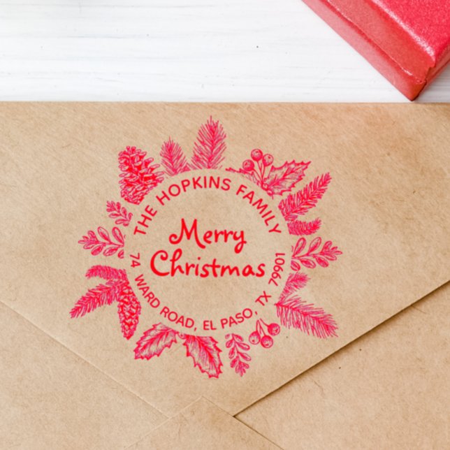 Rustic Christmas Wreath Family Name Return Address Rubber Stamp (Creator Uploaded)